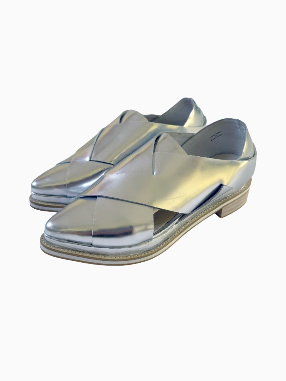 Silver Metallic Leather Loafers 8 Pointed Toe Block Heel Slip On Shoe Y2K Cyber